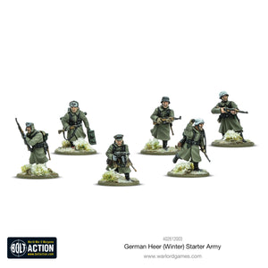 Fully painted winter infantry miniatures from the Bolt Action German Heer Winter Starter Army, showcasing WWII soldiers in action poses.