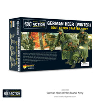 Box artwork for the Bolt Action German Heer Winter Starter Army by Warlord Games, showcasing winter-themed WWII German forces.
