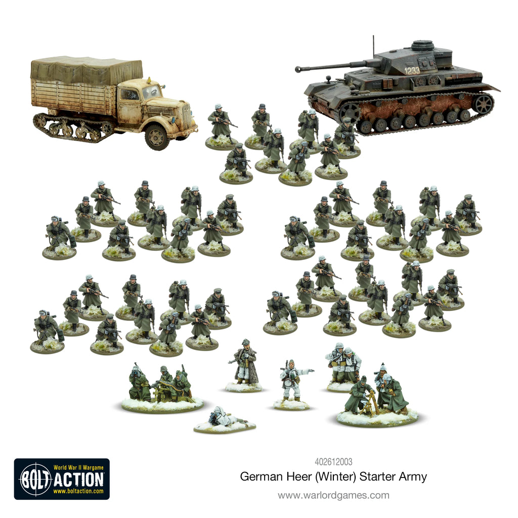 Overview of miniatures from the Bolt Action German Heer Winter Starter Army, featuring infantry, tanks, and winter-themed vehicles.