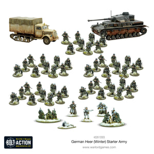 Overview of miniatures from the Bolt Action German Heer Winter Starter Army, featuring infantry, tanks, and winter-themed vehicles.