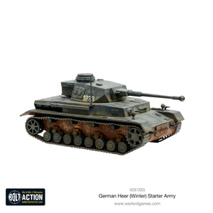 WWII German tank miniatures from the Bolt Action German Heer Winter Starter Army, designed with winter camouflage for tabletop battles.