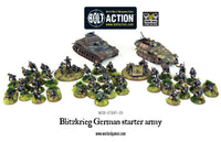 Complete set of Bolt Action Blitzkrieg! German Starter Army miniatures, including infantry, tanks, and weapons.
