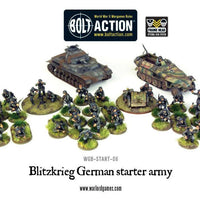 Complete set of Bolt Action Blitzkrieg! German Starter Army miniatures, including infantry, tanks, and weapons.