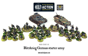 Complete set of Bolt Action Blitzkrieg! German Starter Army miniatures, including infantry, tanks, and weapons.