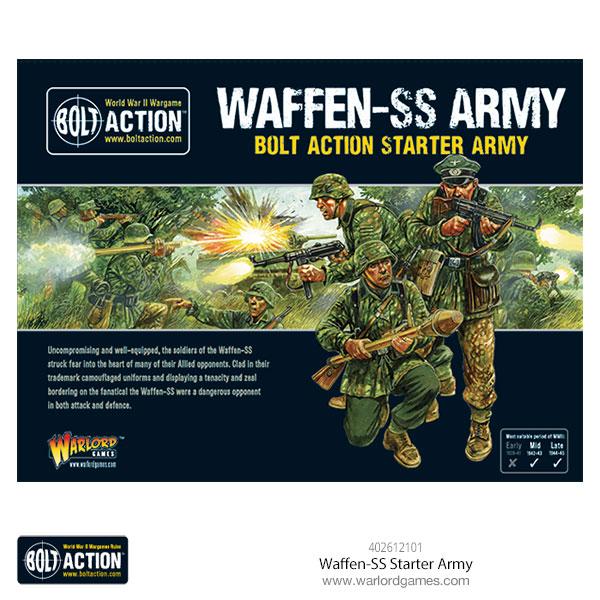 Box artwork for the Bolt Action German Waffen SS Starter Army by Warlord Games, showcasing WWII German soldiers