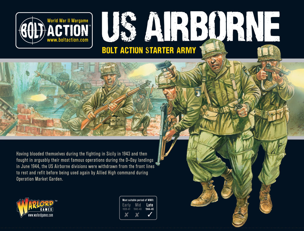 Box artwork for the Bolt Action US Airborne Starter Army by Warlord Games, featuring airborne soldiers in action during WWII.