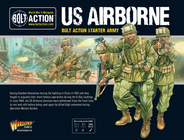 Box artwork for the Bolt Action US Airborne Starter Army by Warlord Games, featuring airborne soldiers in action during WWII.