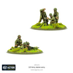Fully painted mortar team and HMG Team miniatures from the Bolt Action US Army Starter Army, showing detailed WWII soldiers in combat-ready poses.