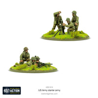 Fully painted mortar team and HMG Team miniatures from the Bolt Action US Army Starter Army, showing detailed WWII soldiers in combat-ready poses.
