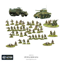 Overview of miniatures from the Bolt Action US Army Starter Army, including infantry, vehicles, and heavy weapons for tactical tabletop gameplay.
