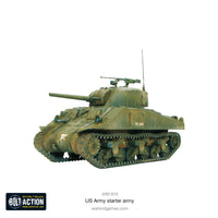 Miniature of WWII US tank from the Bolt Action US Army Starter Army, perfect for strategic battles on the tabletop.
