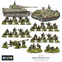 Overview of miniatures from the Bolt Action German Waffen SS Starter Army, including infantry, tanks, and heavy weaponry.
