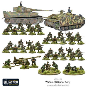 Overview of miniatures from the Bolt Action German Waffen SS Starter Army, including infantry, tanks, and heavy weaponry.