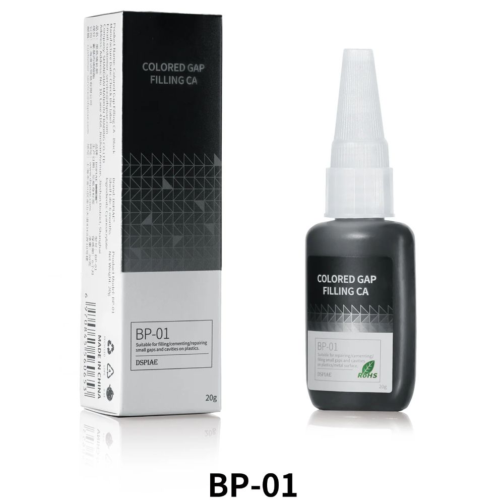 DSPIAE BP-01 black gap filling CA bottle and its retail box on white