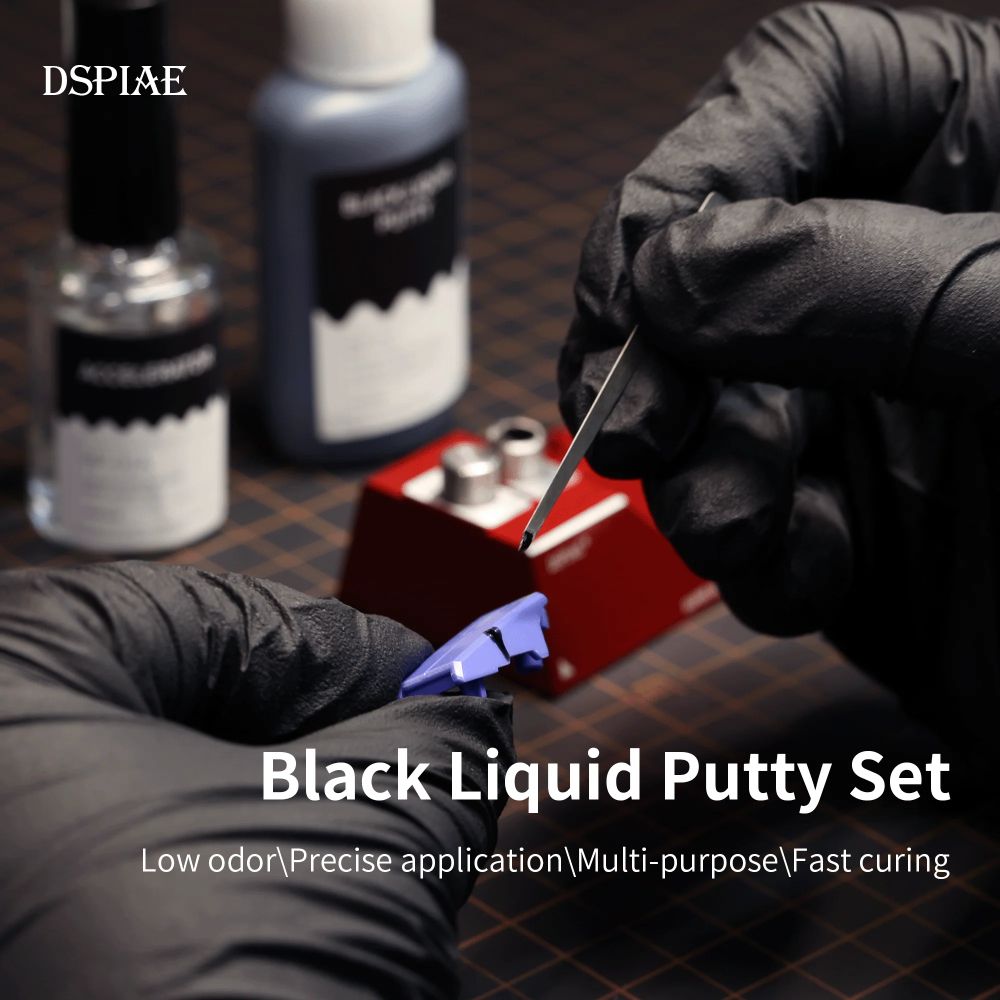 DSPIAE Black Liquid Putty Set graphic: black filling glue and an accelerator bottle, glue applied to a blue part