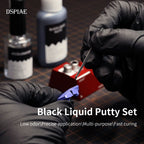 DSPIAE Black Liquid Putty Set graphic: black filling glue and an accelerator bottle, glue applied to a blue part
