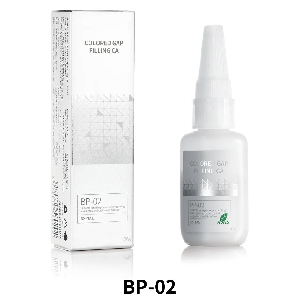 DSPIAE BP-02 white gap filling CA bottle and its retail box on white