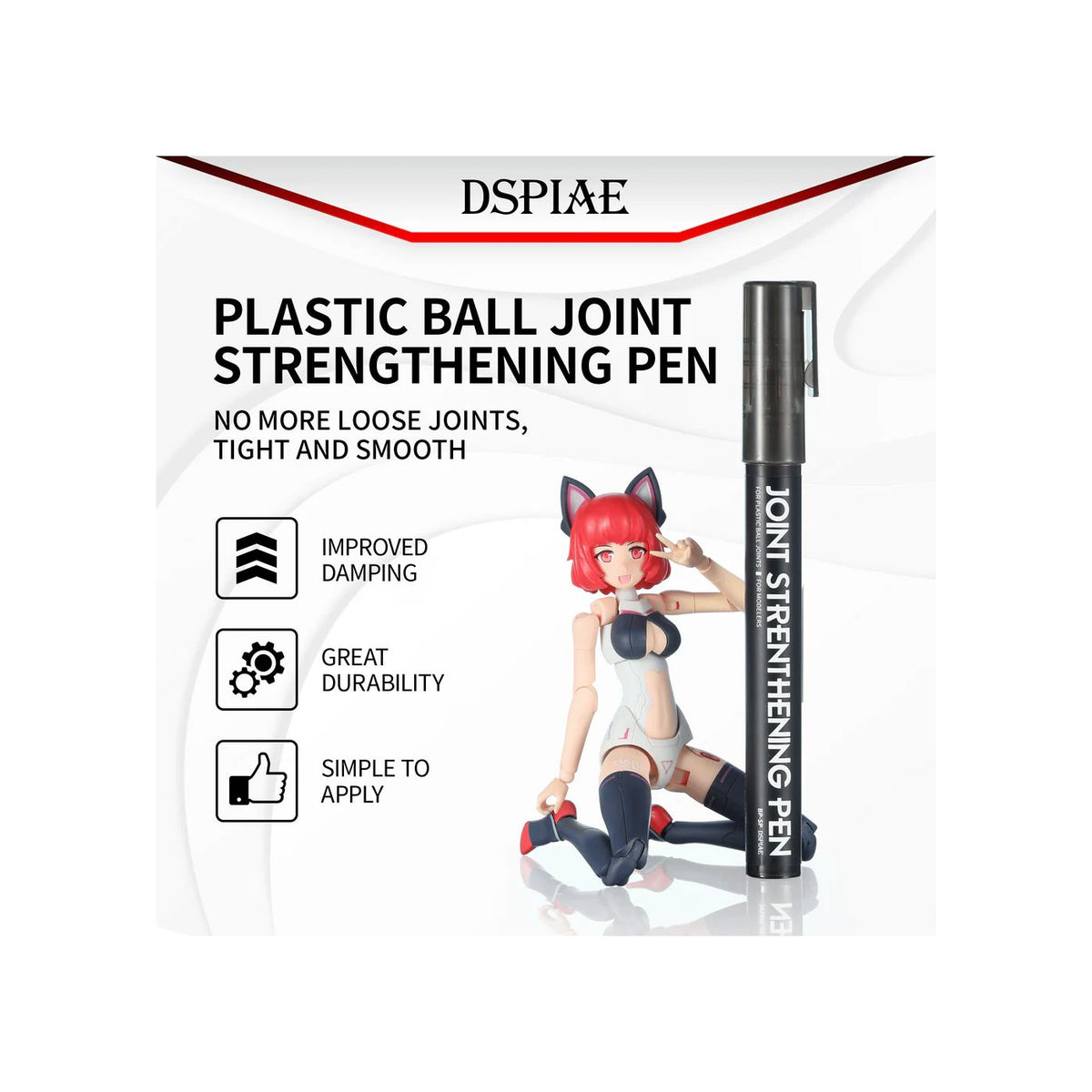DSPIAE panel Plastic Ball Joint Strengthening Pen, no more loose joints, beside a posed figure