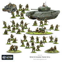 Miniature set from Bolt Action British & Canadian Starter Army featuring soldiers, tank, and vehicles.
