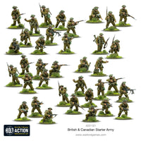 Close-up of Bolt Action British & Canadian Starter Army miniatures, including infantry in action poses.
