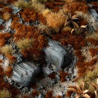 Multi-themed diorama featuring Brown 2mm Tufts, showcasing their versatility in an autumn prairie scene, an alien landscape, and a coral reef setting
