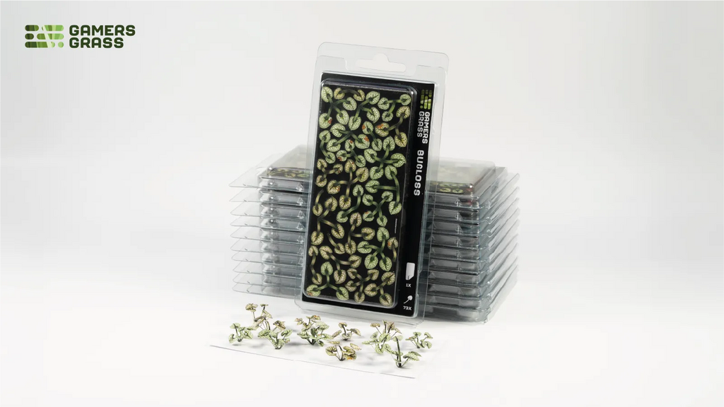 Gamers Grass Bugloss GGLP-BL blister pack with assembled laser-cut broad leaves displayed in front