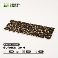 Sheet of 115 Burned 2mm Tufts, showcasing various shapes and sizes of very dark, charred-looking grass ready for creating devastated landscapes
