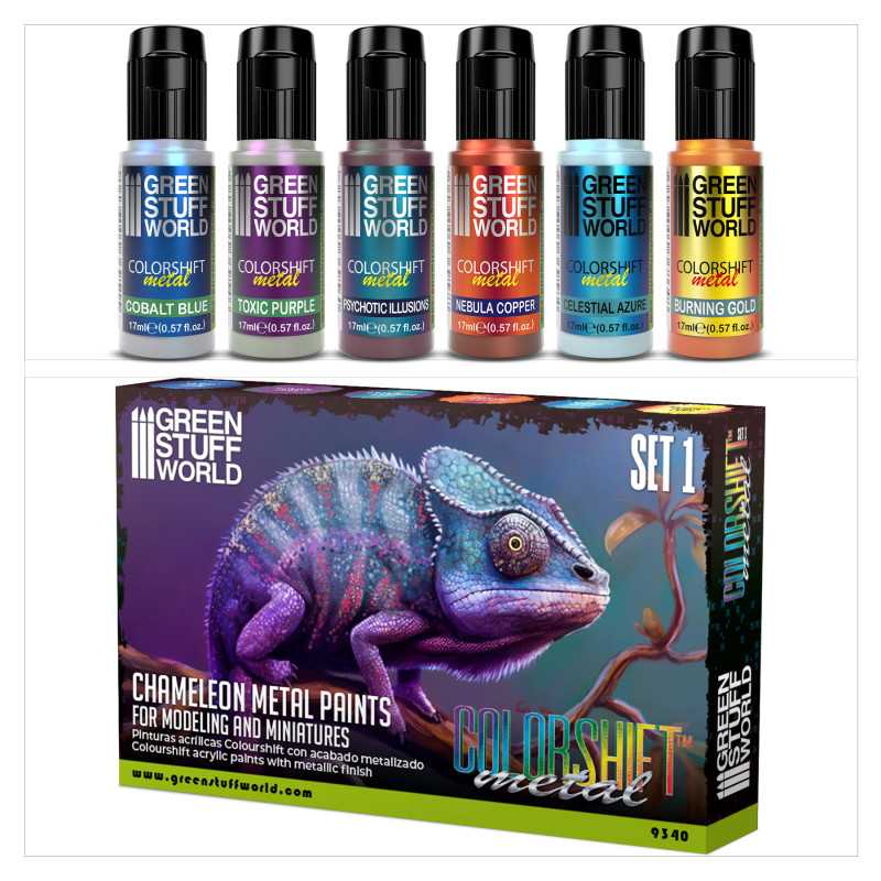 Six Green Stuff World chameleon colorshift paints with Set 1 box shown behind them.