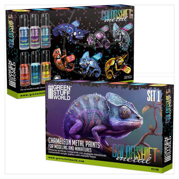 Green Stuff World Chameleon Acrylic Paint Set 1 box front with chameleon artwork.