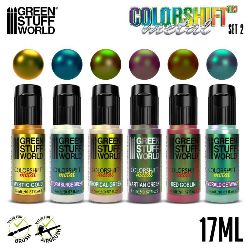 Set of Green Stuff World ColorShift metal paint bottles with color samples on a white background.