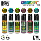 Set of Green Stuff World ColorShift metal paint bottles with color samples on a white background.