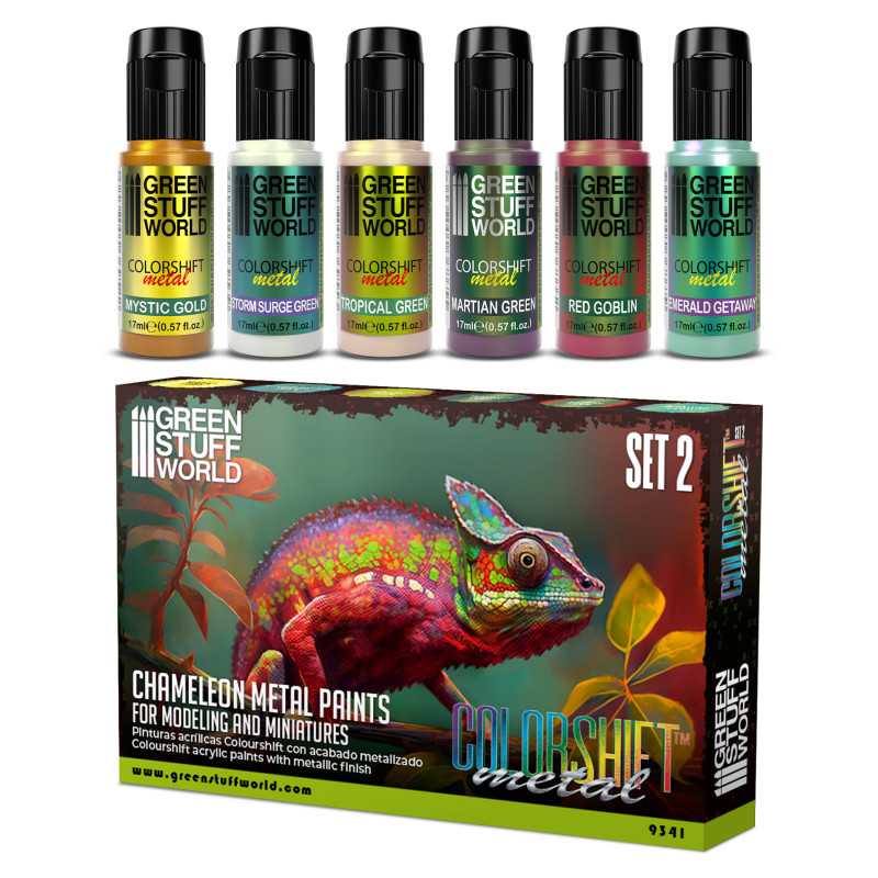 Chameleon Colorshift Acrylic Paint Set 2 by Green Stuff World shown with six 17ml paints and box.