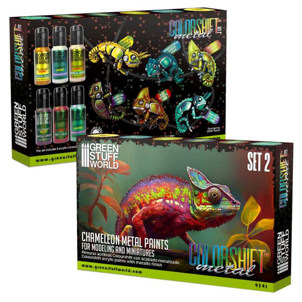 Green Stuff World Chameleon Colorshift Paint Set 2 box front with multicolour chameleon artwork.