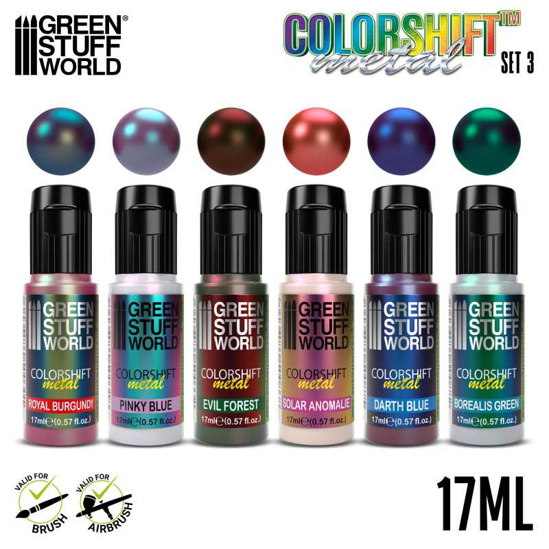 Set 3 colorshift paint lineup featuring Royal Burgundy, Pinky Blue, Evil Forest, Solar Anomalie, Darth Blue and Borealis Green.