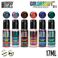 Set 3 colorshift paint lineup featuring Royal Burgundy, Pinky Blue, Evil Forest, Solar Anomalie, Darth Blue and Borealis Green.