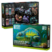 Chameleon Colorshift Acrylic Paint Set 3 box front with multicolour chameleon artwork by Green Stuff World.
