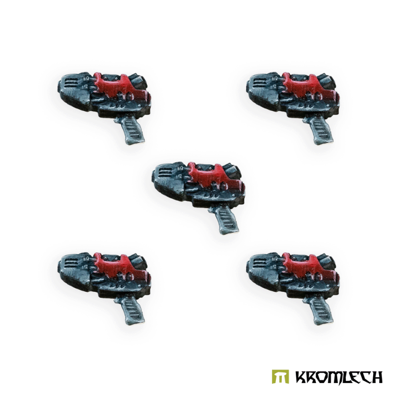 Kromlech CM72 Plasma Pistols, painted: five boxy pistols with red housings and dark metal frames