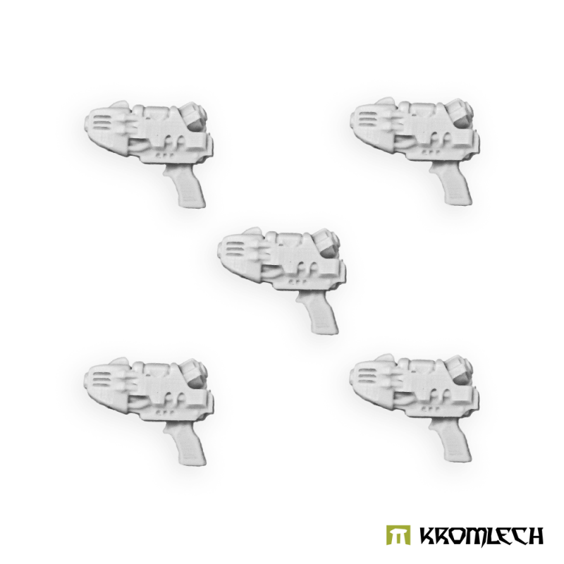 The five CM72 plasma pistols in unpainted grey resin