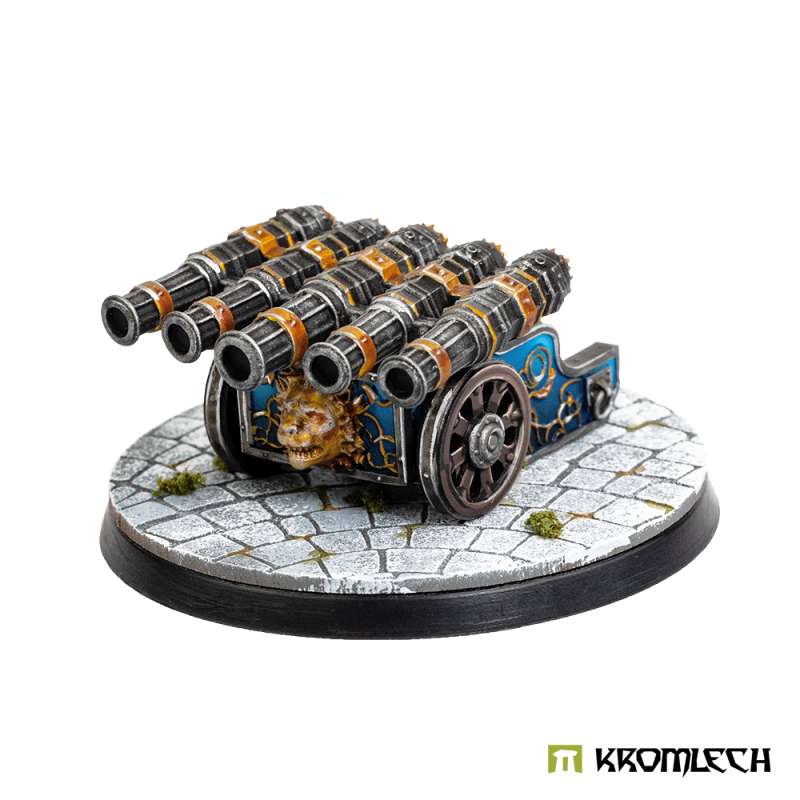 Painted multi-barrel cannon on a Cobblestone base topper, shown for scale (model not included)