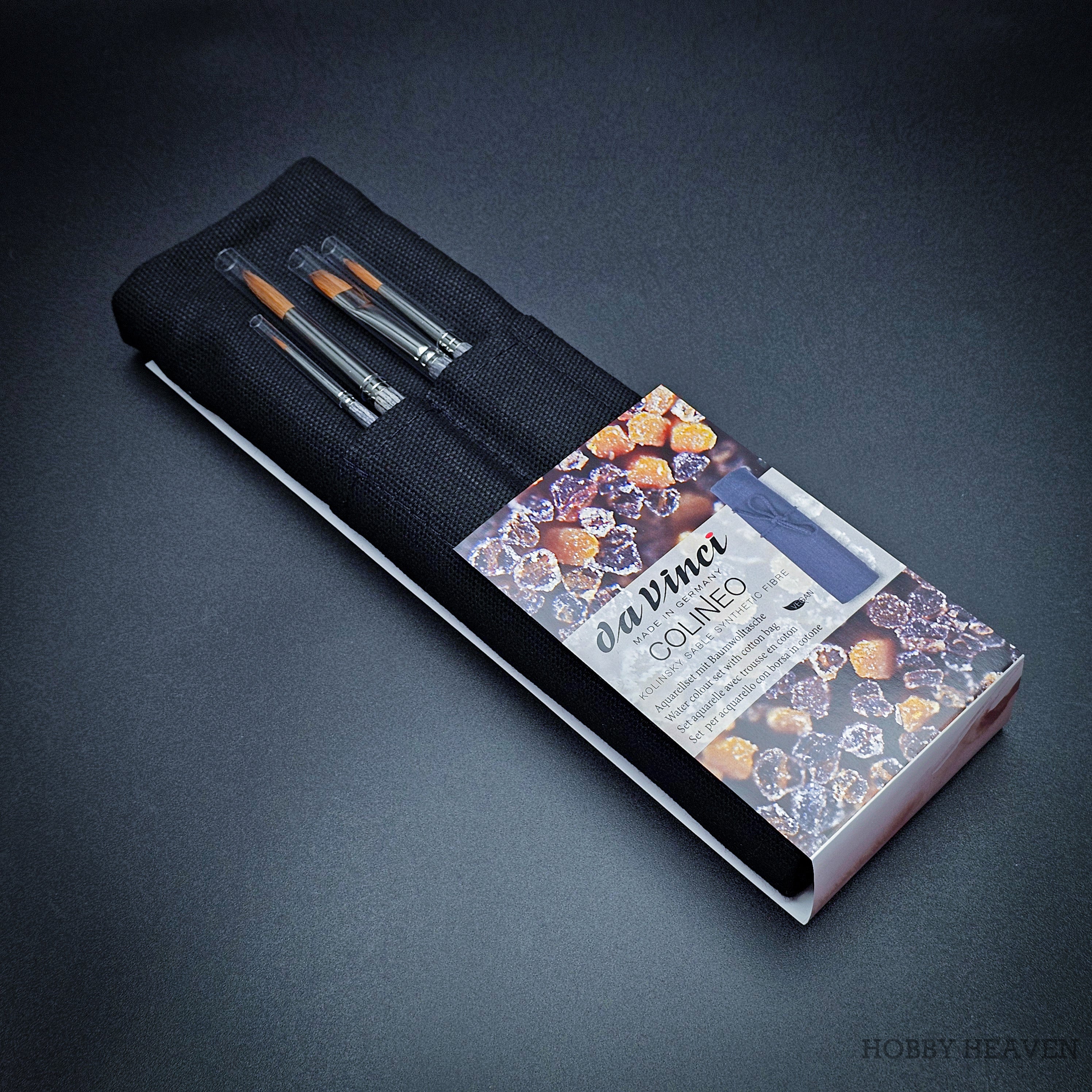 Da Vinci Colineo 4068 brush set angled view with black cotton bag on black background