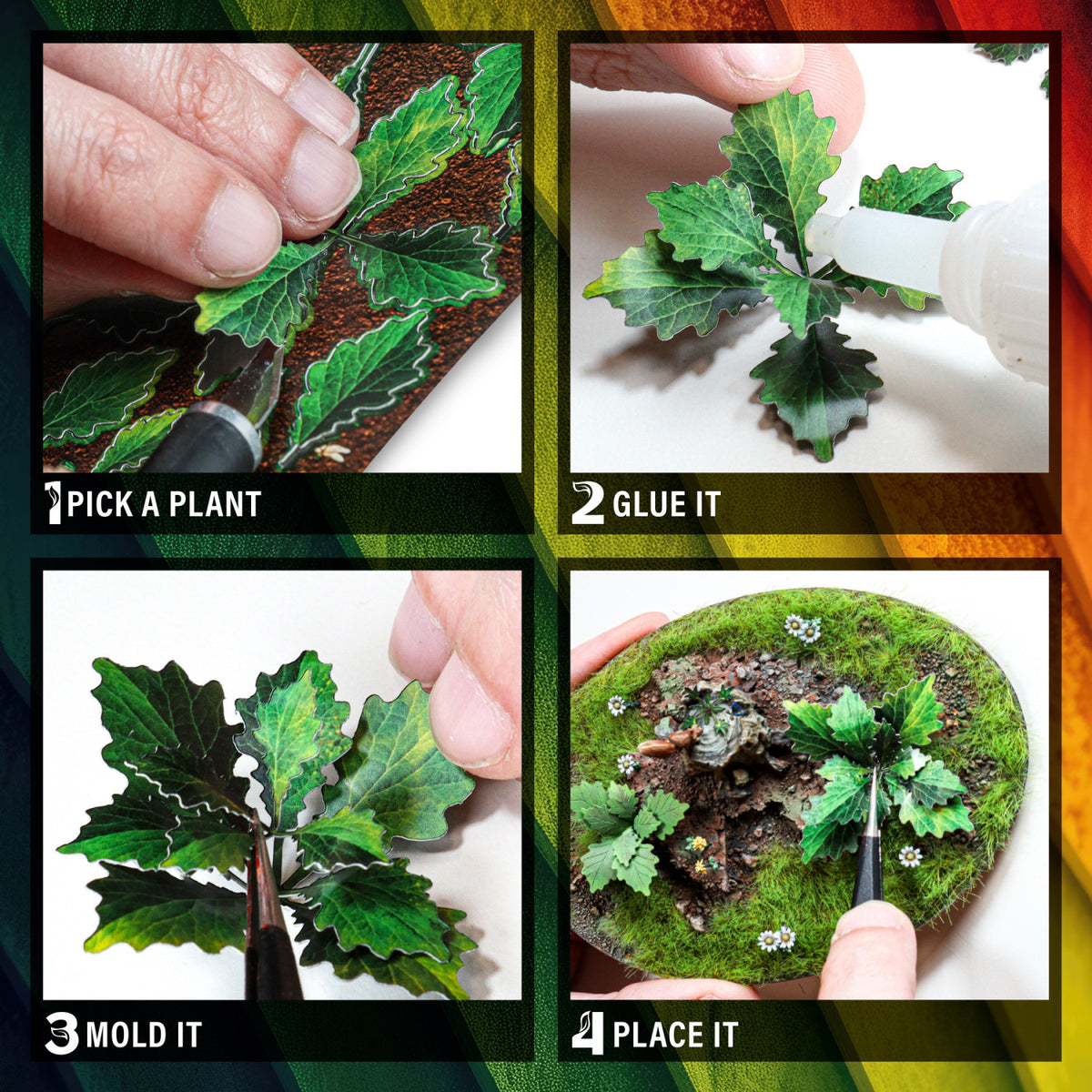 How to use Coloured Paper Plants: pick a plant, glue it, shape the leaves and place it on the base