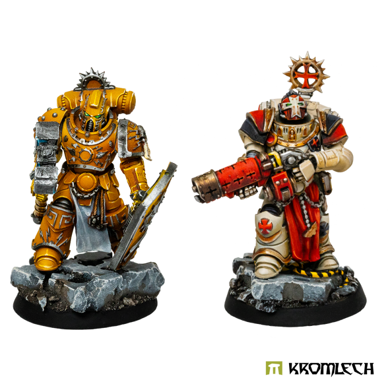 Two painted power-armoured sci-fi warriors on Concrete Slabs round bases, shown for scale (miniatures not included)