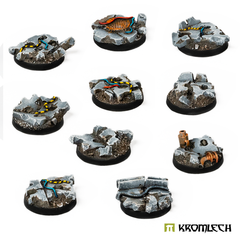Ten painted Concrete Slabs 25mm round resin bases, broken grey concrete with striped cables and a manhole cover