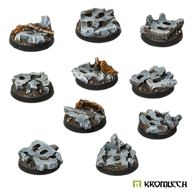 Ten painted Concrete Slabs 25mm round resin bases with holed concrete blocks, pipes and rusty debris