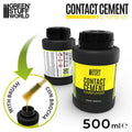 Green Stuff World Contact Cement 500ml bottle with built-in brush applicator – front view.