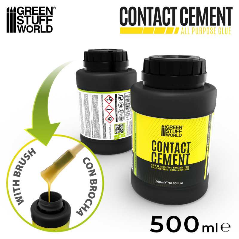 Green Stuff World Contact Cement 500ml bottle with built-in brush applicator – front view.