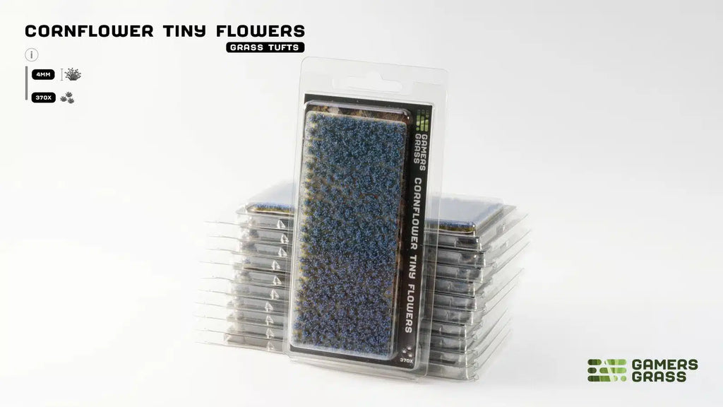 Cornflower Tiny Flowers blister pack, the pack printing 4MM and 370X tufts