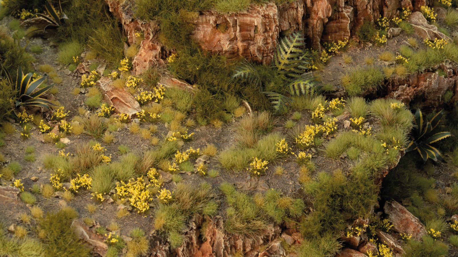 Dandelion Tiny Flowers tufts used on a rocky countryside diorama with greenery