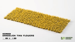 Close-up sheet of Gamers Grass Dandelion Tiny Flowers tufts, 4mm yellow blossoms