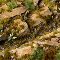 Realistic shaded environment diorama featuring Dark Moss 2mm, showcasing a lifelike rocky outcrop or forest floor scene amid the rich, dark mossy vegetation
